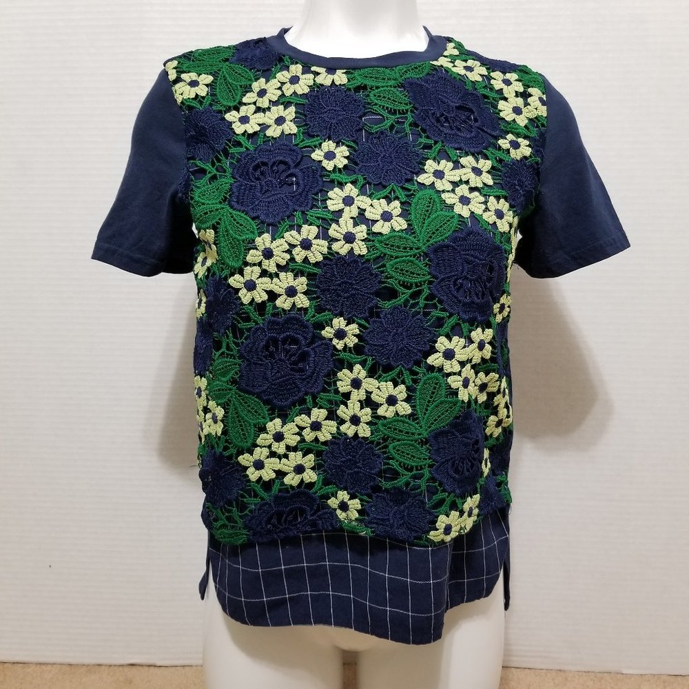 Zara top Small floral crochet windowpane overlay solid back side split